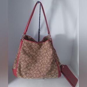 Coach Phoebe Signature Khaki/Red Leather Shoulder Bag W/Hag Tag Wallet